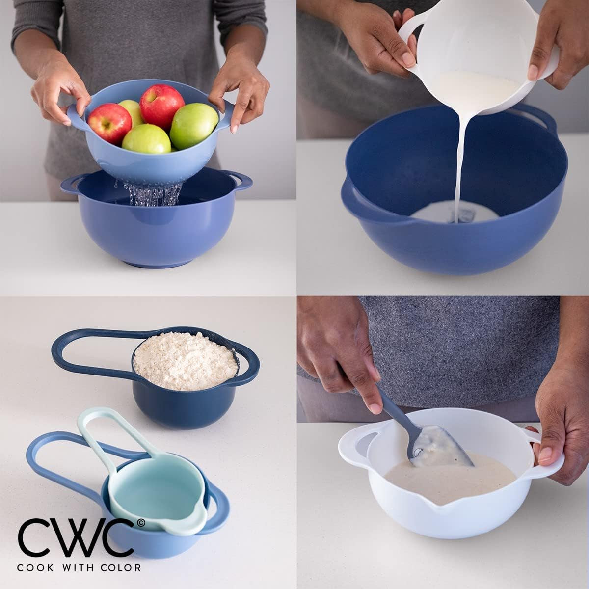 COOK with COLOR Nesting Bowls with Measuring Cups Colander and Sifter Set - Includes Mixing Bowls, Colander, Sifter and Measuring Cups, Blue Ombre, 8 Pc Bowl
