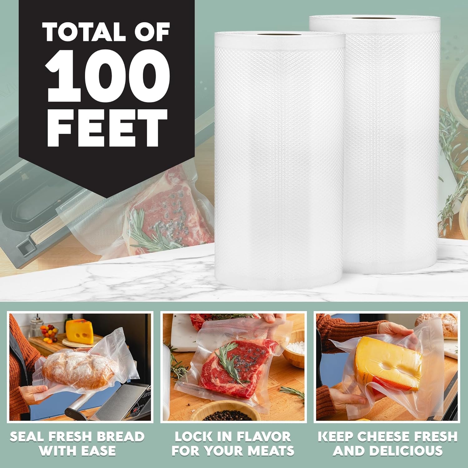 Avid Armor Vacuum Seal Rolls, Vac Seal Bags for Food Storage, Meal Saver Freezer Vacuum Sealer Bags, Sous Vide Bags Vacuum Sealer, Non-Bpa Vacuum Sealer Bags, 8 Inches by 50 Feet, Pack of 2