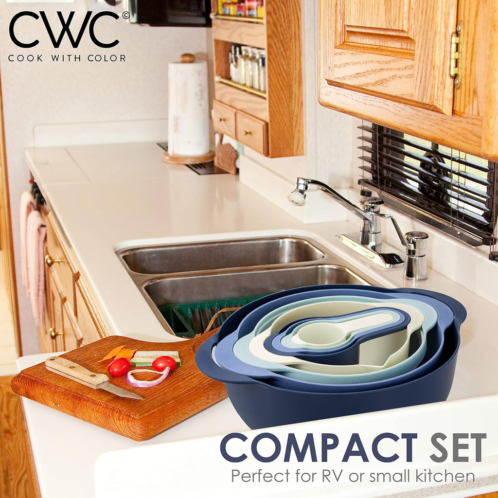 COOK with COLOR Nesting Bowls with Measuring Cups Colander and Sifter Set - Includes Mixing Bowls, Colander, Sifter and Measuring Cups, Blue Ombre, 8 Pc Bowl