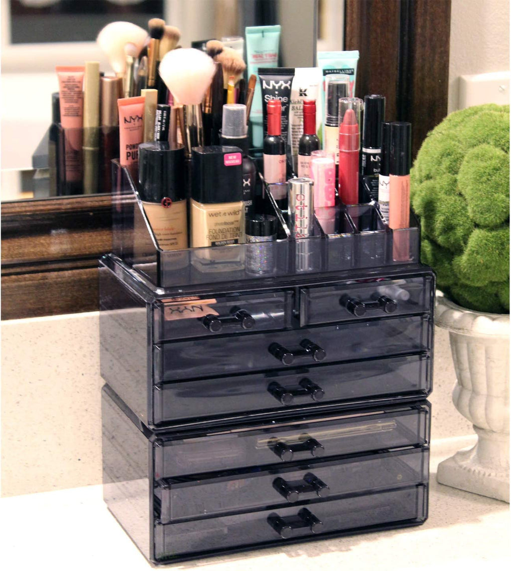 Ikee Design Cosmetics Makeup and Jewelry Storage Case Display, Stylish Bathroom Case Great for Lipstick, Nail Polish, Brushes, Jewelry and More, Overall: 9 1/4"W X 5 3/8"D X 11 5/8"H, Gray