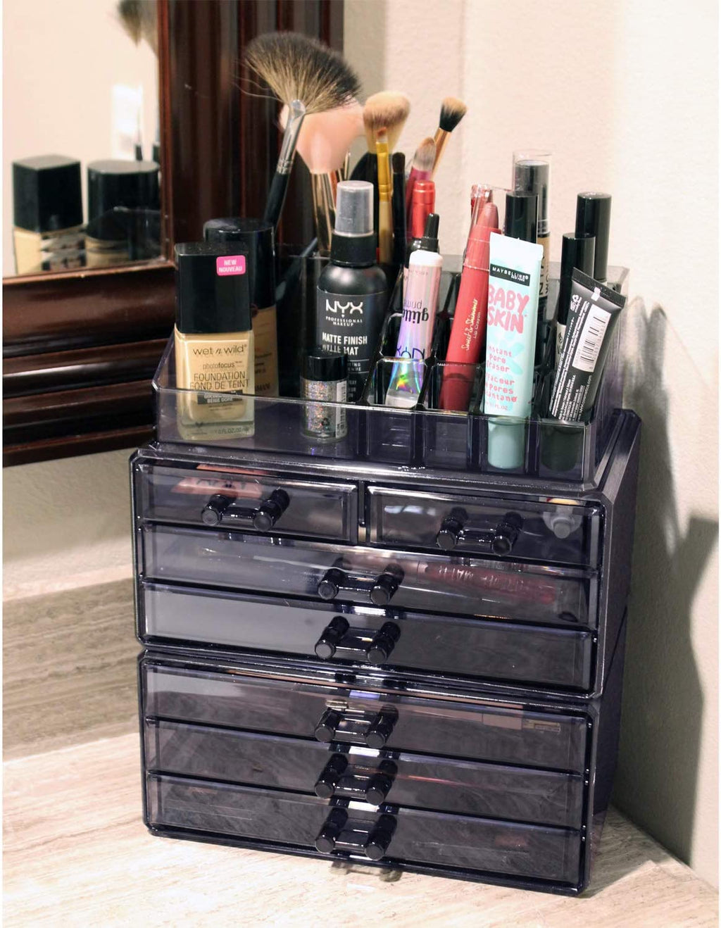 Ikee Design Cosmetics Makeup and Jewelry Storage Case Display, Stylish Bathroom Case Great for Lipstick, Nail Polish, Brushes, Jewelry and More, Overall: 9 1/4"W X 5 3/8"D X 11 5/8"H, Gray