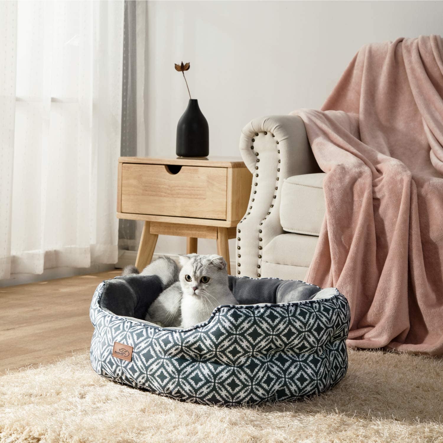 Bedsure Small Dog Bed for Small Dogs, Indoor Cats, round Super Soft Plush Flannel Washable Puppy Beds, Slip-Resistant Oxford Bottom, Coin Print Grey