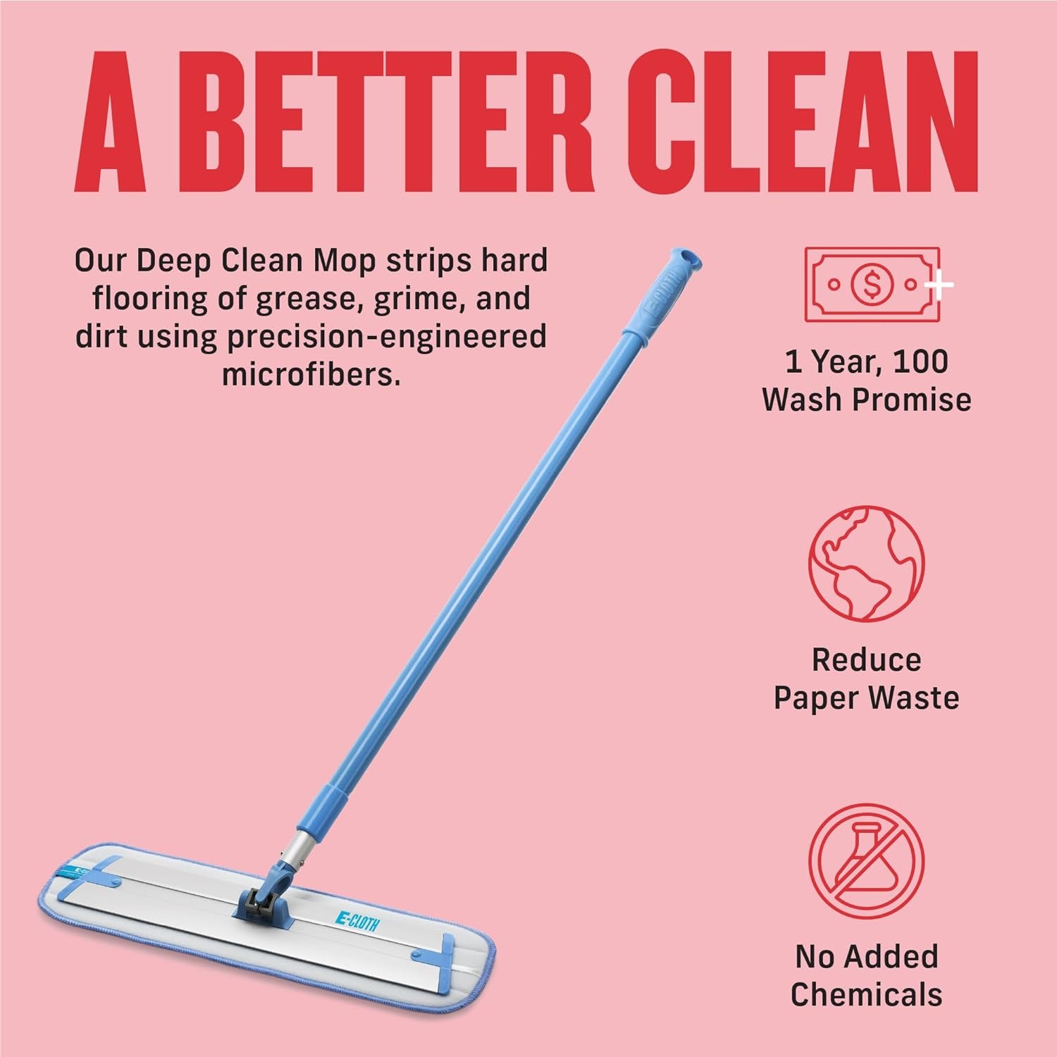 E-Cloth Deep Clean Mop, Microfiber Mop, Perfect Floor Cleaner for Hardwood, Laminate, Tile and Stone Flooring, Washable and Reusable, 100 Wash Promise