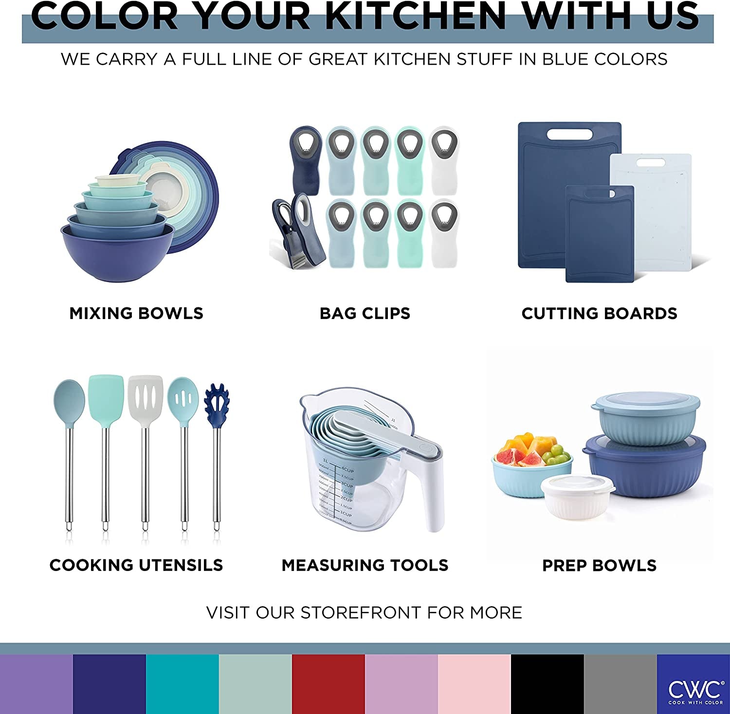 COOK with COLOR Nesting Bowls with Measuring Cups Colander and Sifter Set - Includes Mixing Bowls, Colander, Sifter and Measuring Cups, Blue Ombre, 8 Pc Bowl
