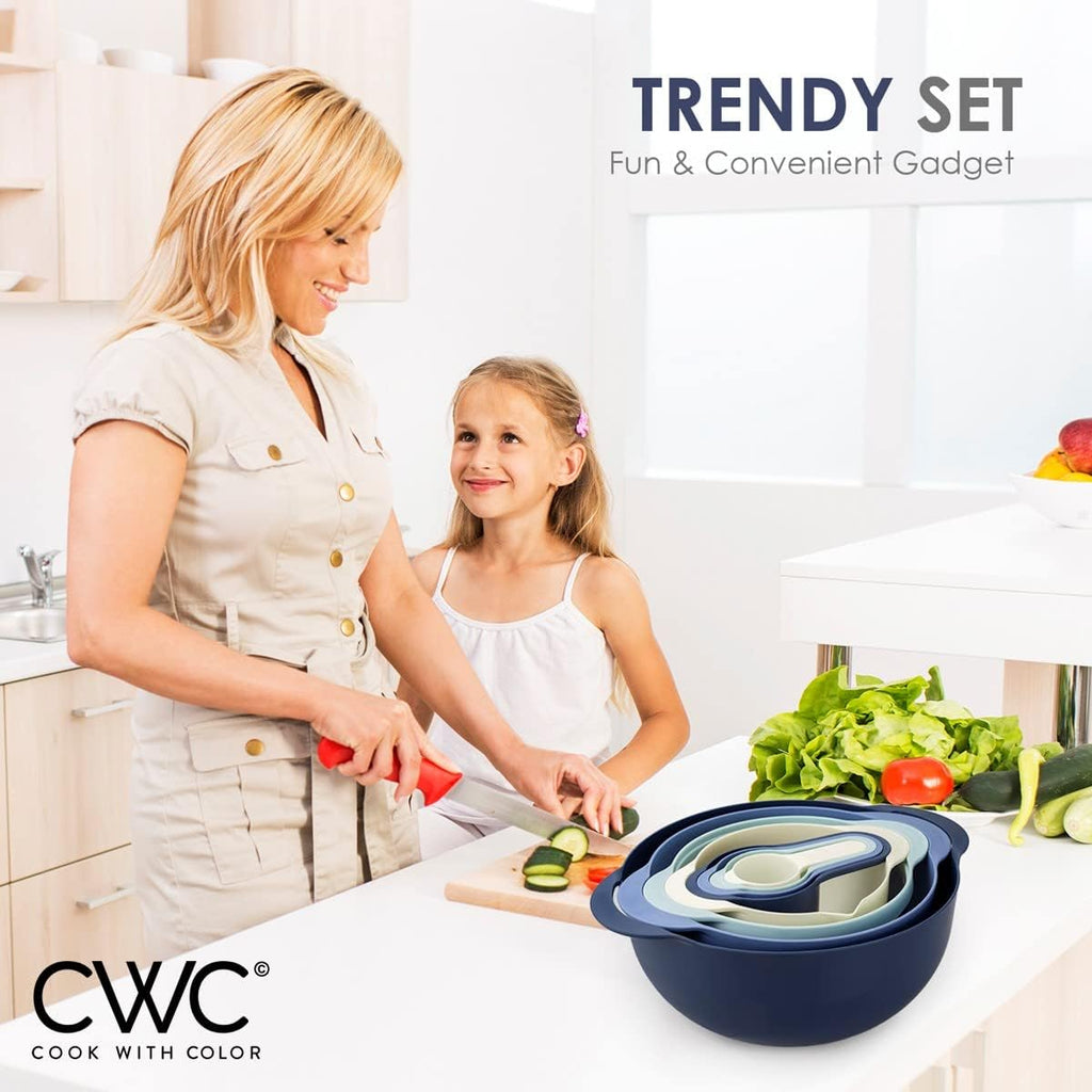 COOK with COLOR Nesting Bowls with Measuring Cups Colander and Sifter Set - Includes Mixing Bowls, Colander, Sifter and Measuring Cups, Blue Ombre, 8 Pc Bowl