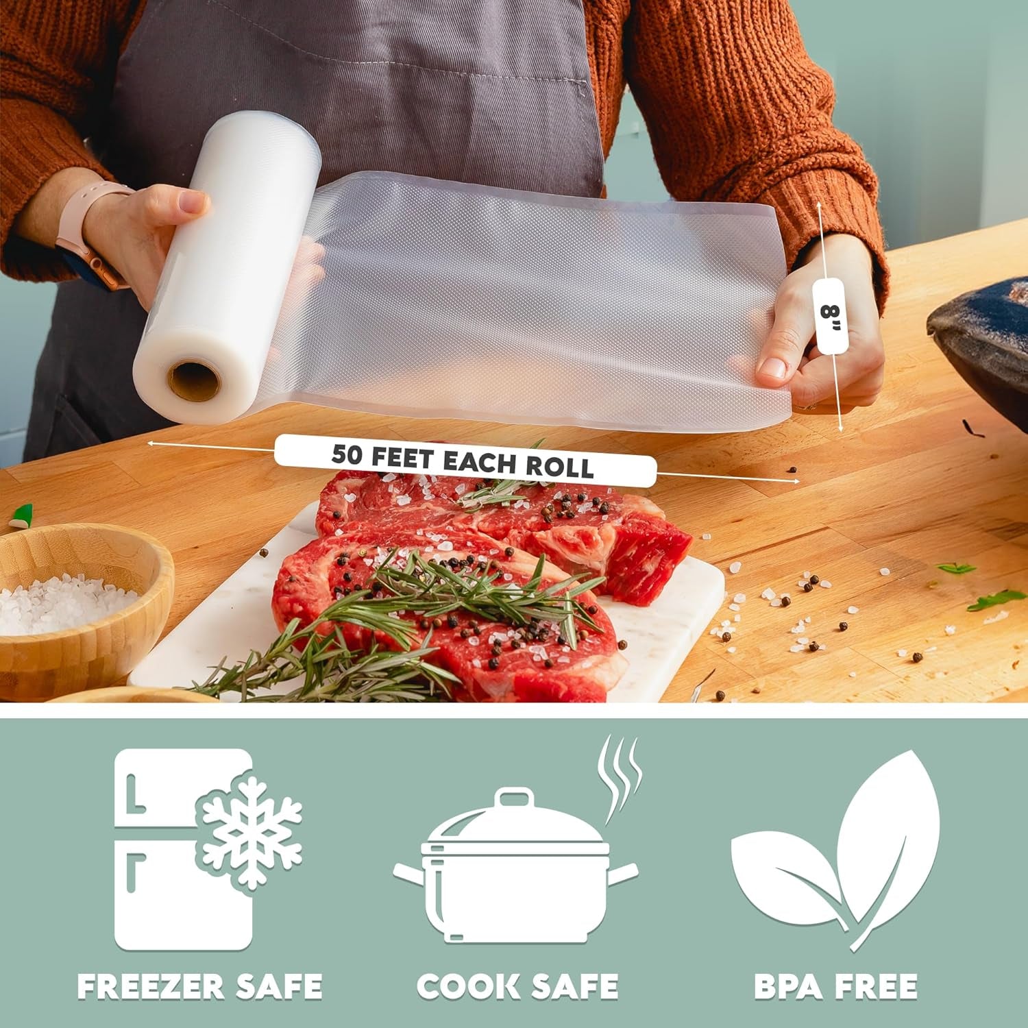 Avid Armor Vacuum Seal Rolls, Vac Seal Bags for Food Storage, Meal Saver Freezer Vacuum Sealer Bags, Sous Vide Bags Vacuum Sealer, Non-Bpa Vacuum Sealer Bags, 8 Inches by 50 Feet, Pack of 2