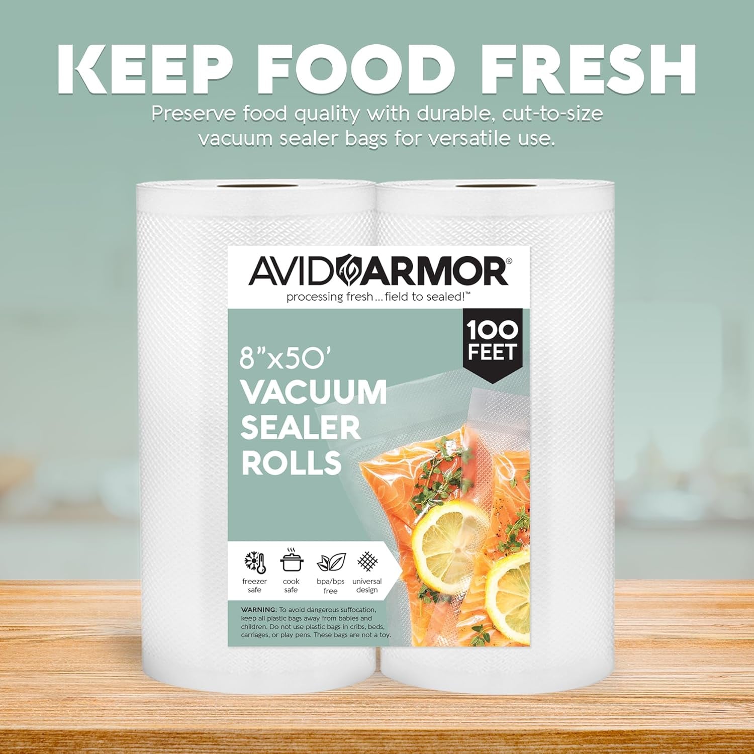 Avid Armor Vacuum Seal Rolls, Vac Seal Bags for Food Storage, Meal Saver Freezer Vacuum Sealer Bags, Sous Vide Bags Vacuum Sealer, Non-Bpa Vacuum Sealer Bags, 8 Inches by 50 Feet, Pack of 2