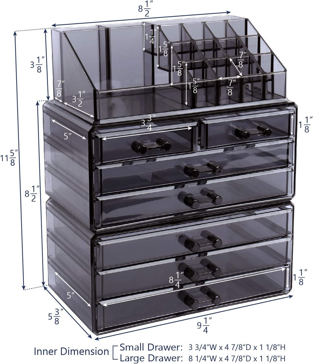 Ikee Design Cosmetics Makeup and Jewelry Storage Case Display, Stylish Bathroom Case Great for Lipstick, Nail Polish, Brushes, Jewelry and More, Overall: 9 1/4"W X 5 3/8"D X 11 5/8"H, Gray