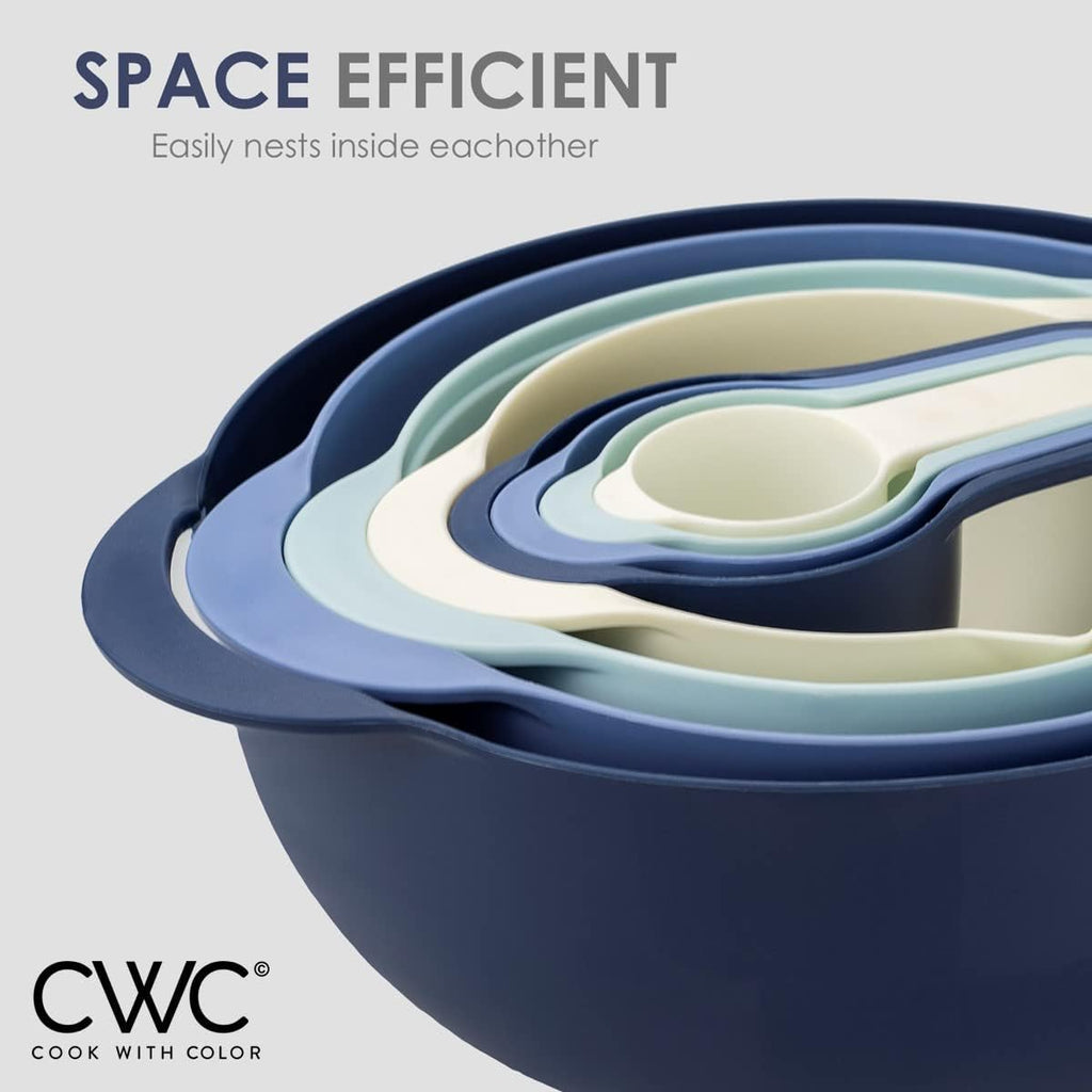 COOK with COLOR Nesting Bowls with Measuring Cups Colander and Sifter Set - Includes Mixing Bowls, Colander, Sifter and Measuring Cups, Blue Ombre, 8 Pc Bowl