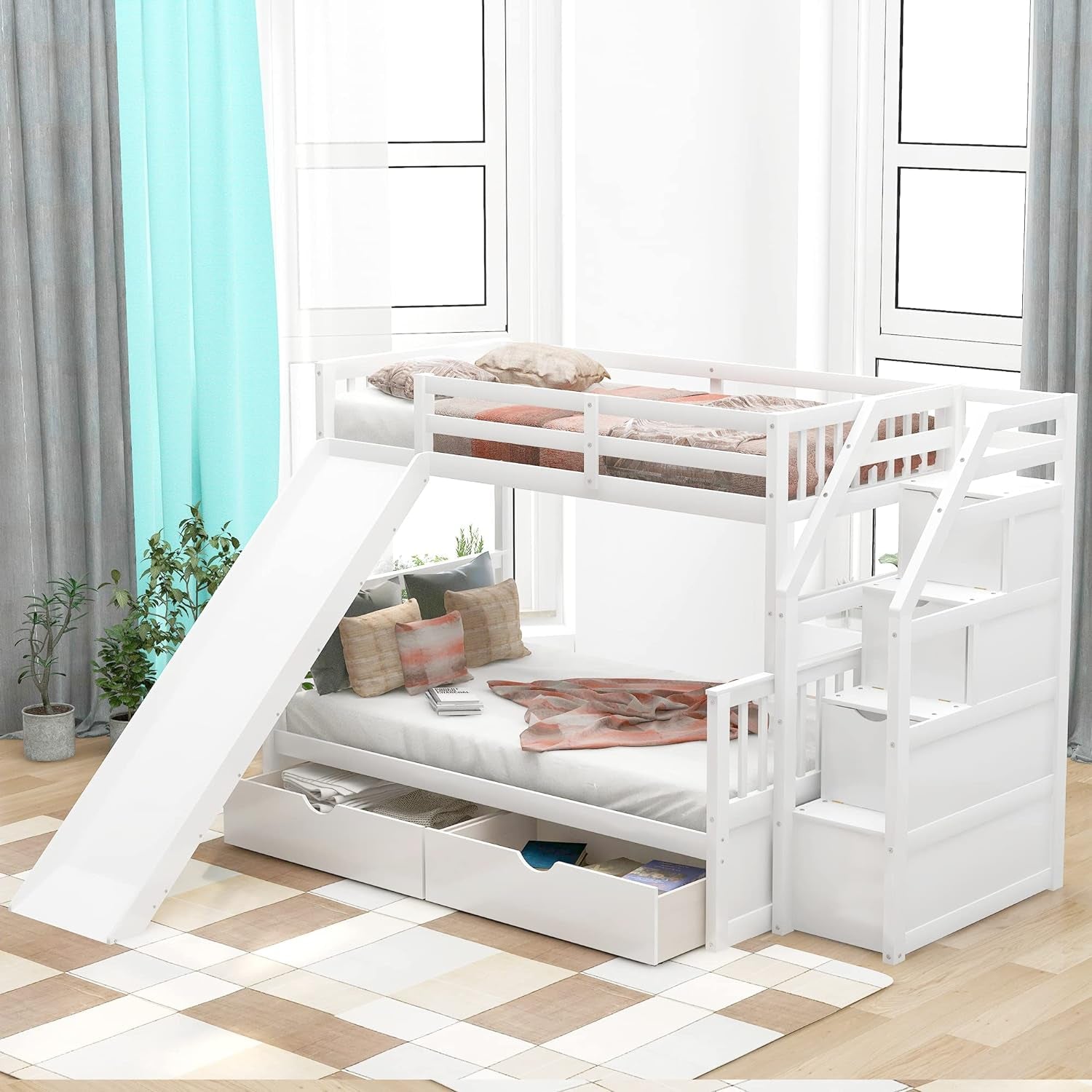 Full over Twin & Twin Bunk Bed with Drawer & Ladder, Triple Bunkbeds Wooden for Kids, Teens, Adults, Gray, White