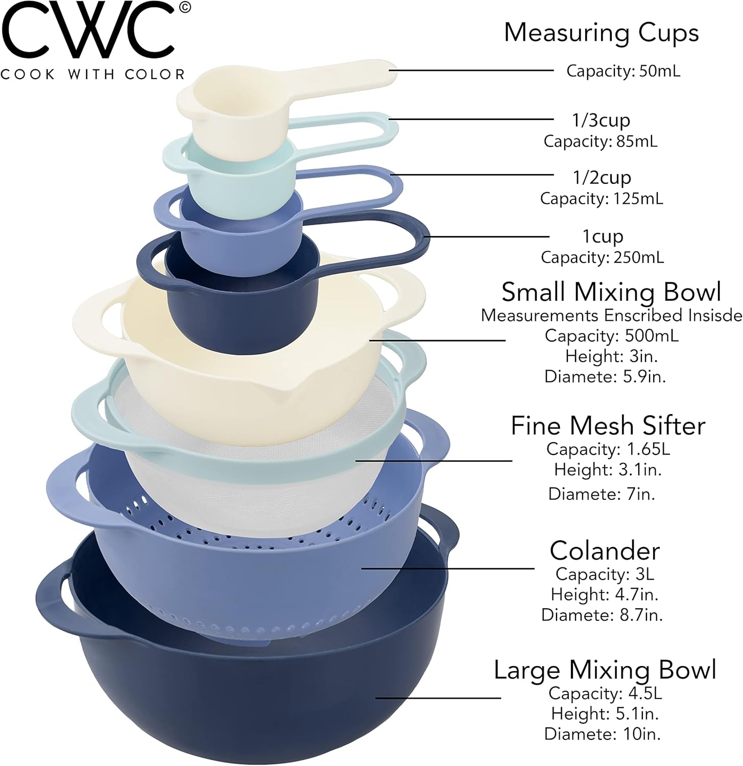 COOK with COLOR Nesting Bowls with Measuring Cups Colander and Sifter Set - Includes Mixing Bowls, Colander, Sifter and Measuring Cups, Blue Ombre, 8 Pc Bowl